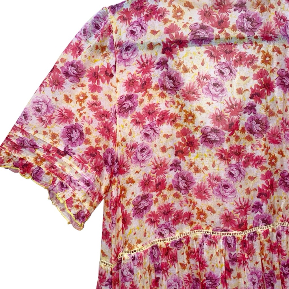 Sundance Fields of Beauty Dress Pink Yellow Tiered Tassel Tie Midi Size Large - Picture 12 of 14